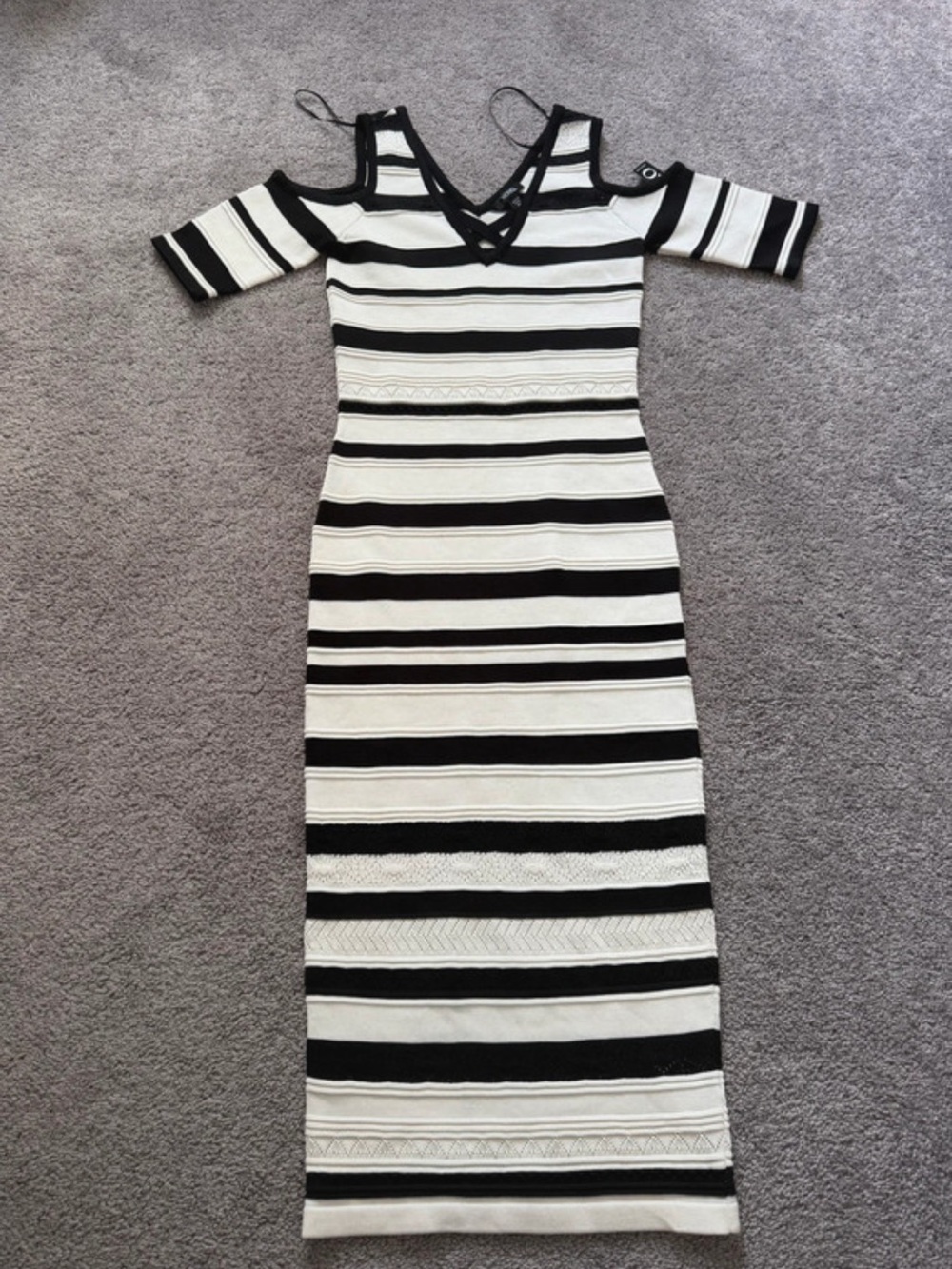 XOXO Black and White Striped Cold-Shoulder Midi Dress - Picture 2 of 9